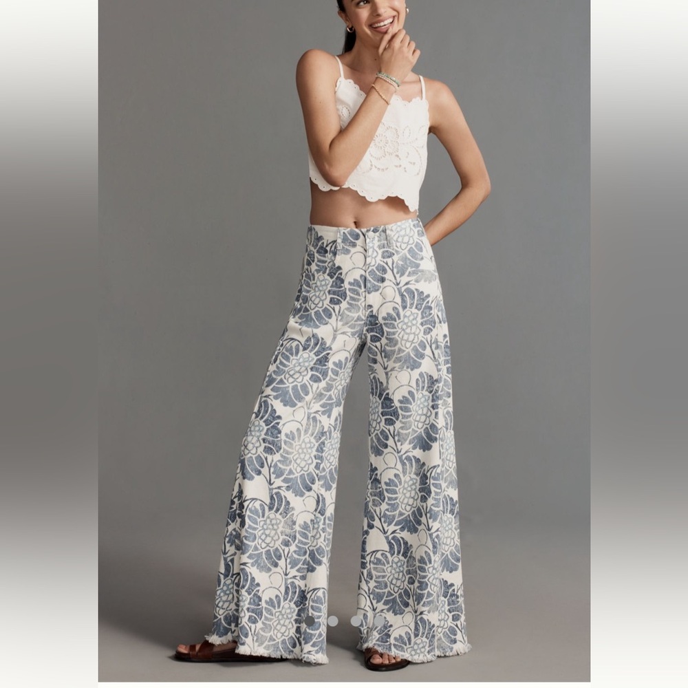 The Adi Printed Linen Mid-Rise Flare Pants by Pilcro